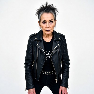 Elderly woman in spiked leather jacket