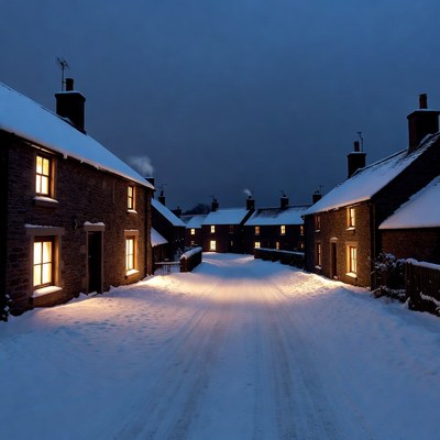 Snowy Stone Cottages at Night