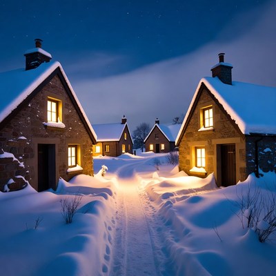 Snowy Stone Cottages at Night