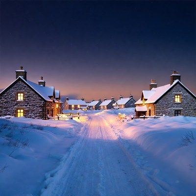 Snowy Stone Cottages Along Winter Path
