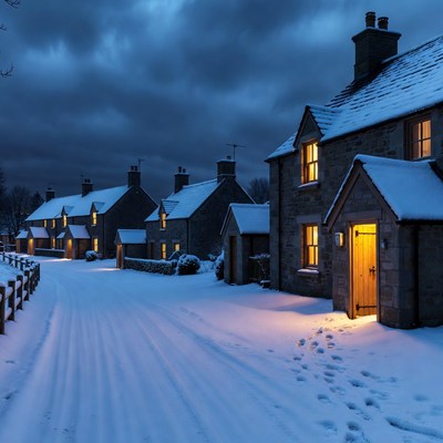 Snowy Stone Cottages at Night