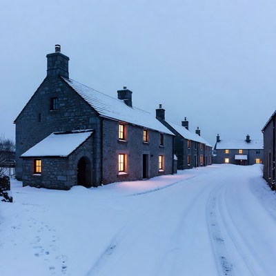 Snowy Stone Cottages with Warm Lights