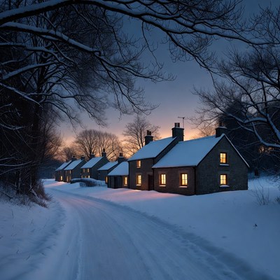 Snowy Cottages Along Winter Road