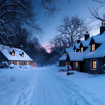 Snowy Cottages Along Winter Path