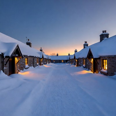Snowy Stone Cottages at Twilight