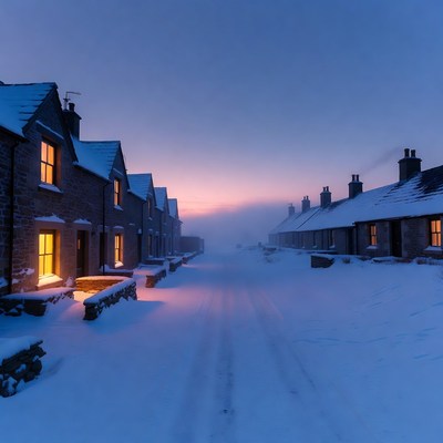 Snowy Stone Cottages at Twilight