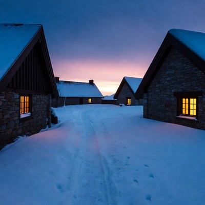 Snowy Stone Cottages at Twilight