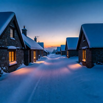 Snowy Cottages at Sunset