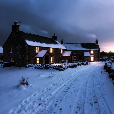 Snowy Stone Cottages at Twilight