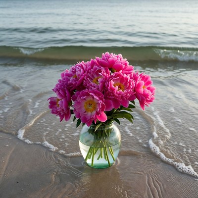 Pink peonies in vase on beach