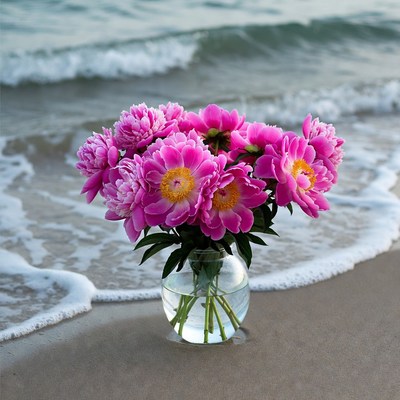 Pink peonies in vase on beach
