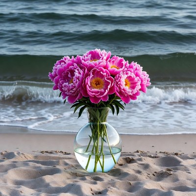 Pink Peonies Bouquet on Beach