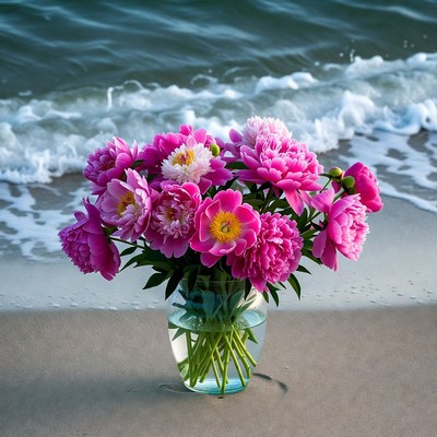 Pink Peonies Bouquet on Beach