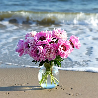 Pink Peonies in Glass Vase on Beach