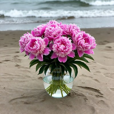 Pink Peonies Bouquet in Glass Vase on Beach