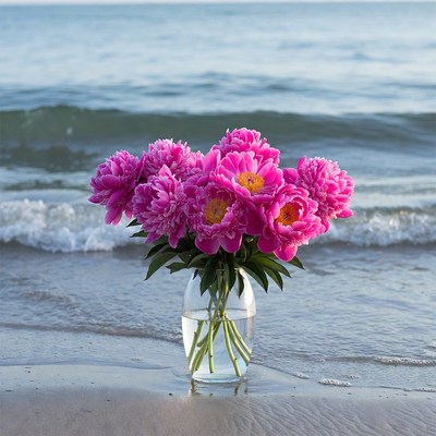 Pink Peonies in Glass Vase on Beach