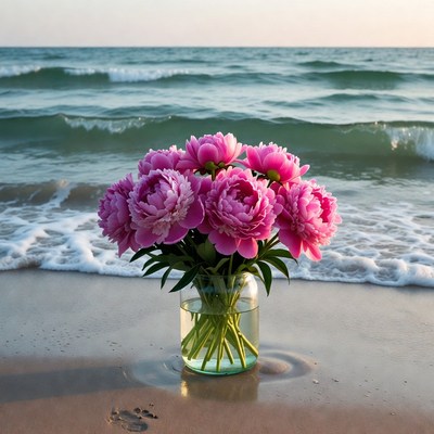 Pink peonies in vase on beach