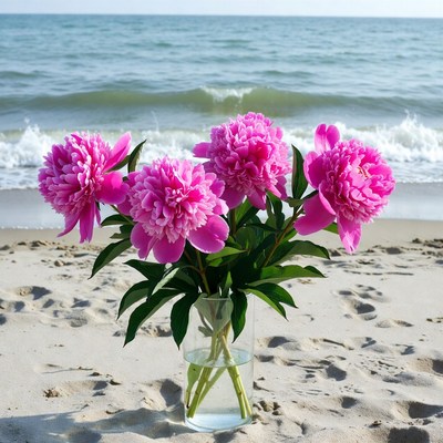 Pink peonies in vase on beach