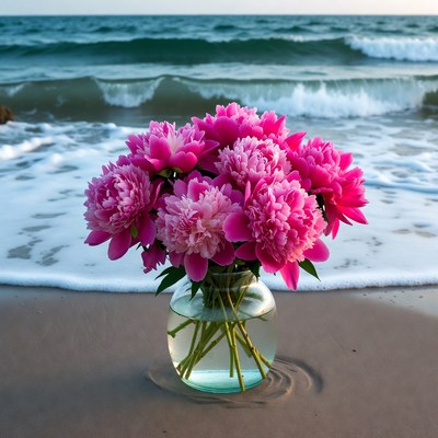 Pink peonies in vase on beach