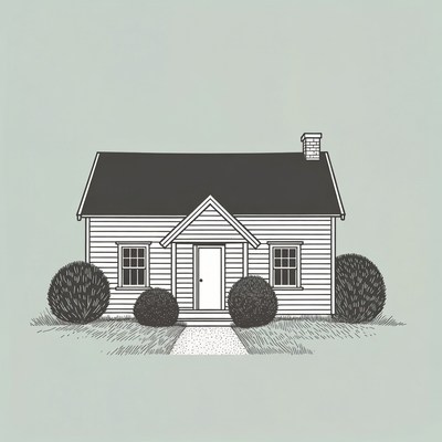 Line drawing of small house with bushes