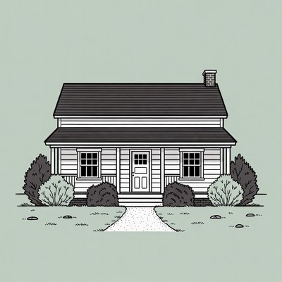 Line drawing of white farmhouse