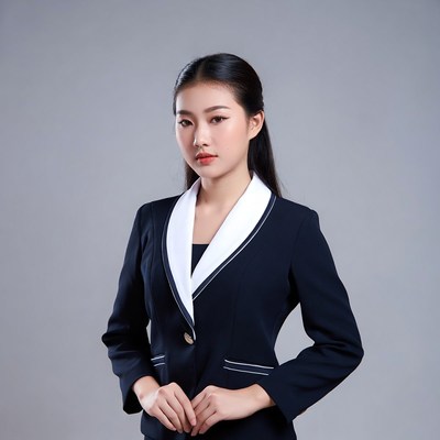 Asian woman in navy blazer suit