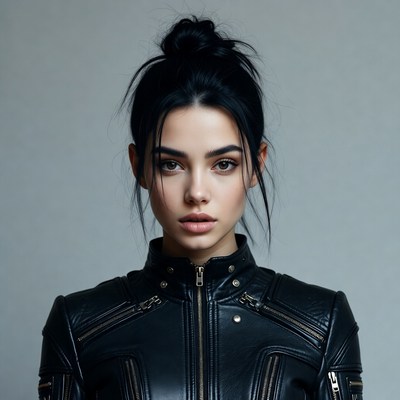 Woman in black leather jacket