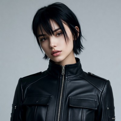Asian woman in black leather jacket