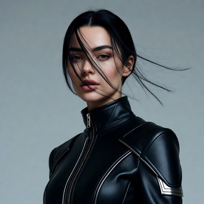 Woman in black leather jacket