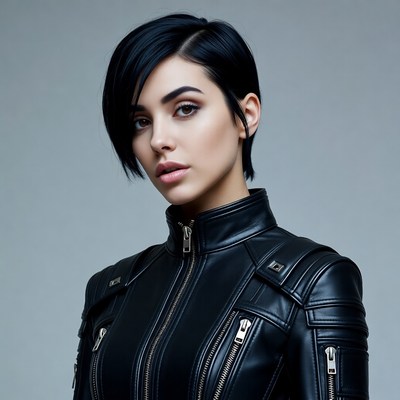 Woman in black leather jacket