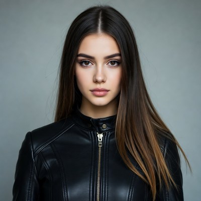 Woman in black leather jacket