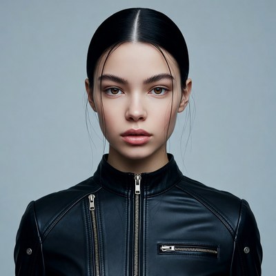 Woman in black leather jacket