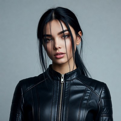 Woman in black leather jacket