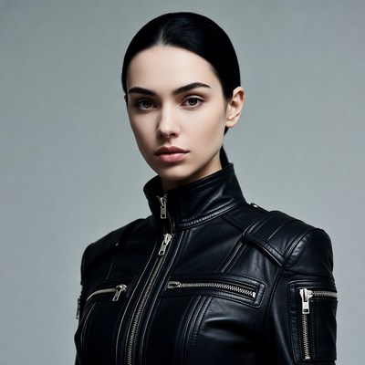 Woman in black leather jacket