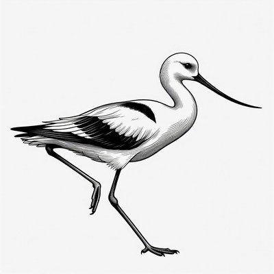 Black and White Avocet Bird Illustration