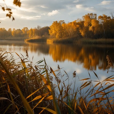 Autumn River with Golden Reeds Reflection