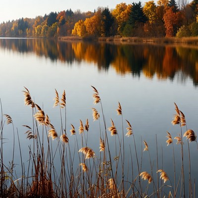 Autumn Reeds Reflecting in Lake