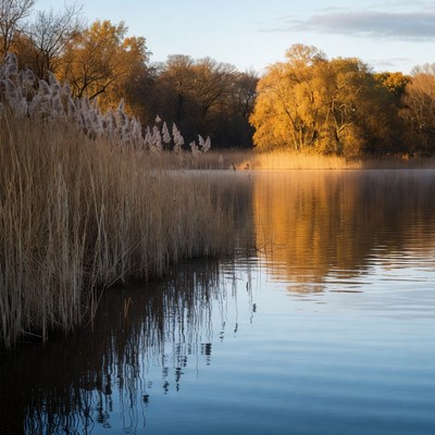 Reeds by Autumn Lake Sunset