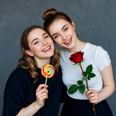 Two girls holding lollipop and rose
