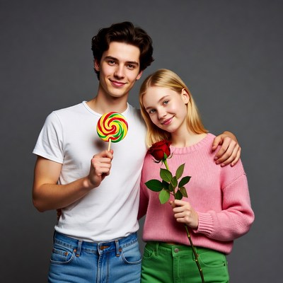 Young couple with lollipop and rose
