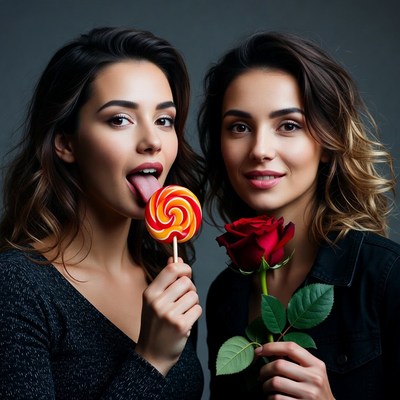 Two women with lollipop and rose