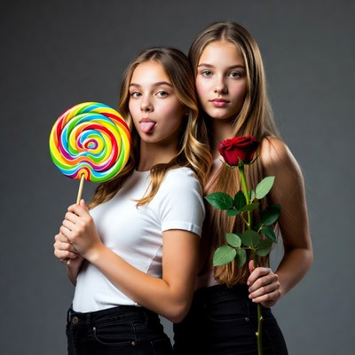 Two girls with lollipop and rose