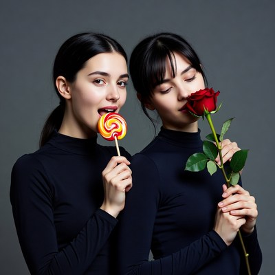 Two Asian women with lollipop and rose