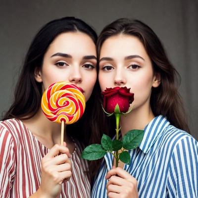 Two women holding lollipop and rose