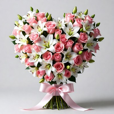Pink Roses and White Lilies Heart Bouquet