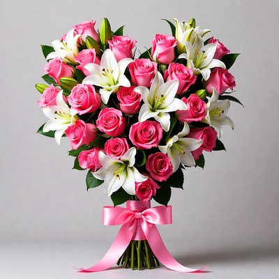 Pink Roses and White Lilies Heart Bouquet