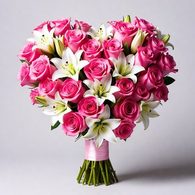 Pink Roses and White Lilies Heart Bouquet
