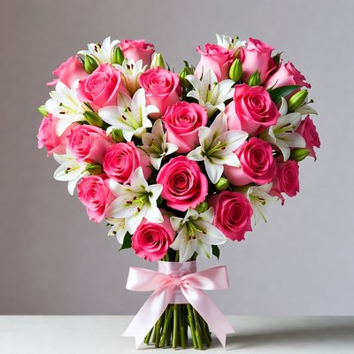 Pink Roses and Lilies Heart Bouquet