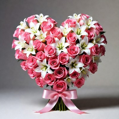 Pink Roses and White Lilies Heart Bouquet