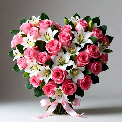 Heart-shaped pink roses and lilies bouquet
